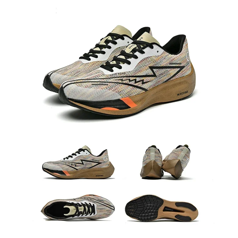 A pair of stylish athletic running shoes with a textured multicolor upper, black zigzag design, tan sole, and orange accents, featuring a shock-absorbing sole for comfort. Shown from various angles: side, top, back, and bottom views.