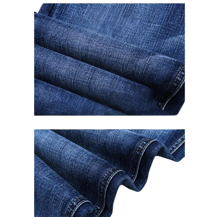 Close-up images of dark blue stretch denim fabric, folded to show texture and stitching detail. The slightly faded, worn look highlights the durable fabric and visible seams on the edges.