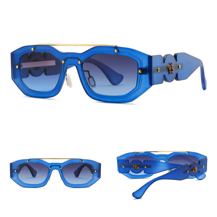 Bold, geometric blue sunglasses with UV400 protection and blue-tinted, scratch-resistant lenses. Gold accents and a decorative emblem adorn the thick arms. Three views: side, front, and back angles on a white background.