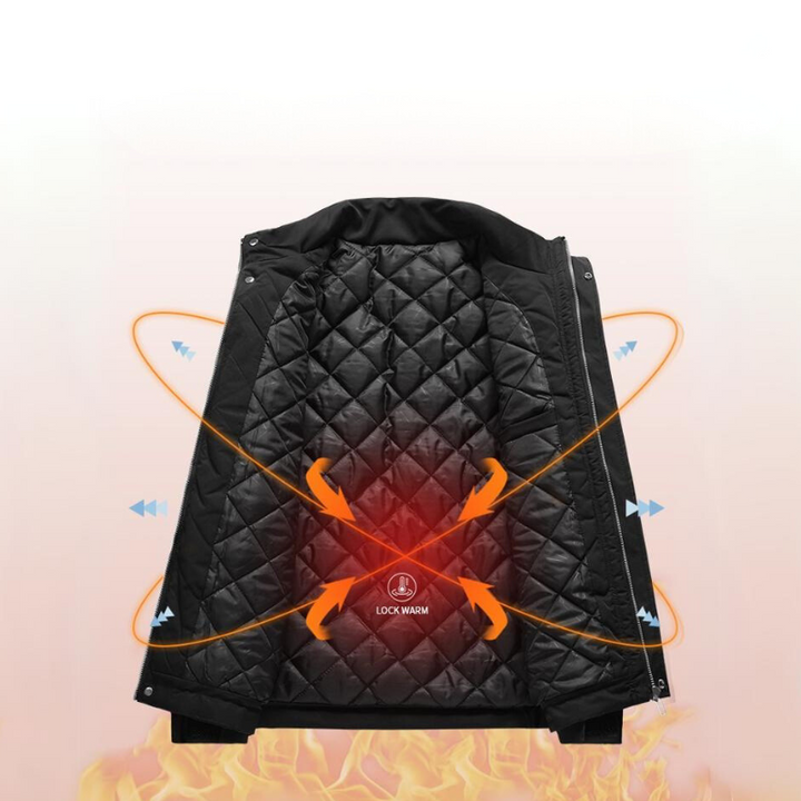 A black windproof jacket with quilted inner lining, glowing red and orange arrows illustrating warmth circulation inside, surrounded by flames and heat icons, emphasizing its adjustable cuffs and superior heat-retaining features.