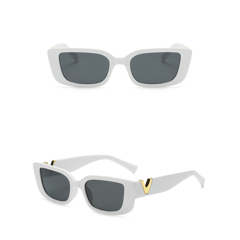 White rectangular designer sunglasses with dark lenses are shown from the front and side angles. The side view displays a gold V detail on the arms near the hinges and features UV400 protection for optimal eye safety.