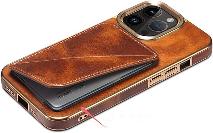 A leather iPhone case with gold accents features a built-in card holder on the back, partially holding a bank card. The brown cowhide iPhone case offers both style and functionality, with gold detailing around the edges and camera cutout.
