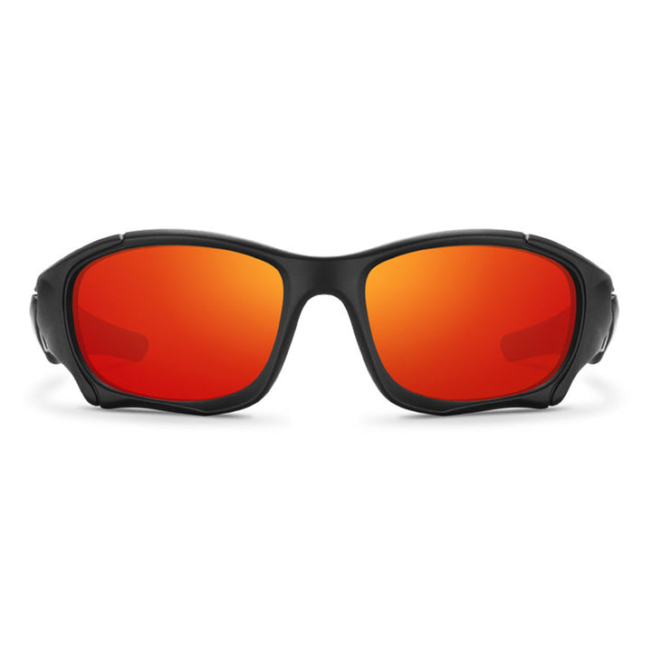 Black wraparound sports sunglasses with large, reflective orange-red interchangeable lenses, shown from the front on a white background.