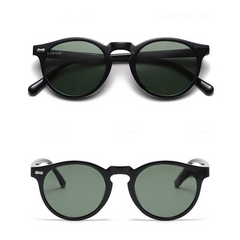 Two pairs of black round frame sunglasses with dark lenses are shown against a white background, one pictured from the front and the other from the back—classic, trendsetting sunglasses offering UV400 protection.