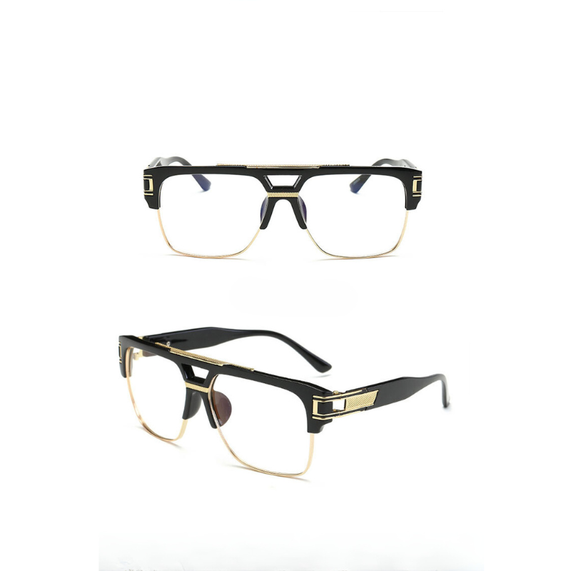 Two views of stylish geometric sunglasses with black and gold frames: one front view showing scratch-resistant rectangular lenses, and one angled side view highlighting gold accents and black temples. The background is white.