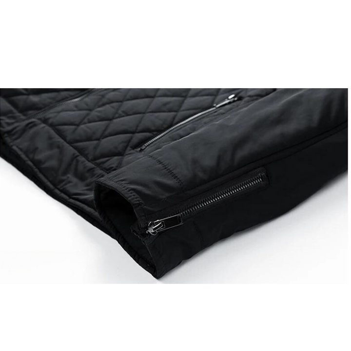 A close-up view of a black, wind-resistant quilted jacket sleeve with a visible zipper on the cuff and another zipper pocket above it, displayed on a white background.