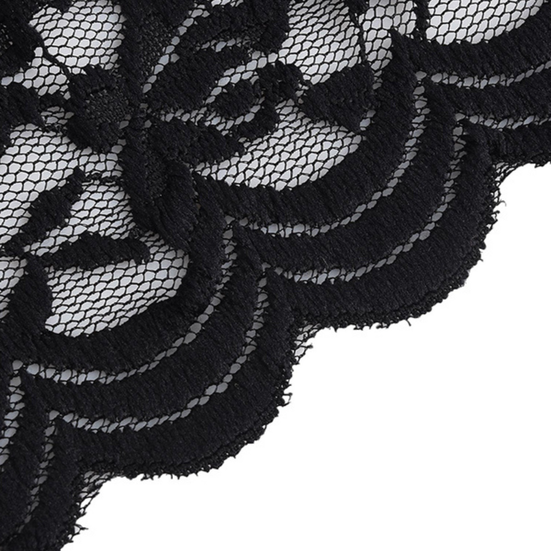 Close-up of black lace fabric with an intricate floral pattern and scalloped edges on a white background, perfect for a chic lace top in summer fashion.