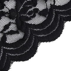 Close-up of black lace fabric with an intricate floral pattern and scalloped edges on a white background, perfect for a chic lace top in summer fashion.