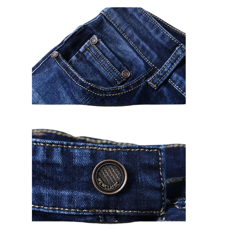Close-up images of blue slim-fit jeans, highlighting the durable fabric in the front pocket with rivets and the waistband featuring a metal button embossed with “NEW CLASSIC.”.