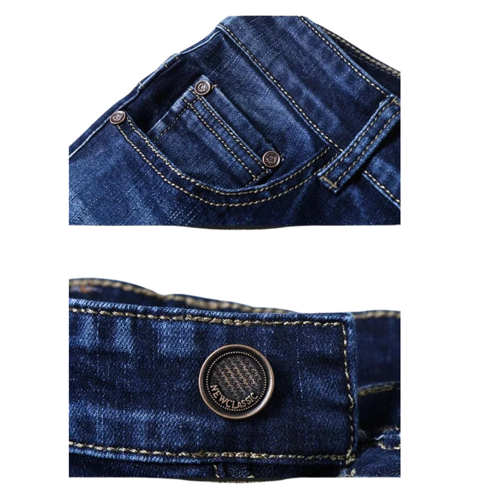 Close-up images of blue slim-fit jeans, highlighting the durable fabric in the front pocket with rivets and the waistband featuring a metal button embossed with “NEW CLASSIC.”.