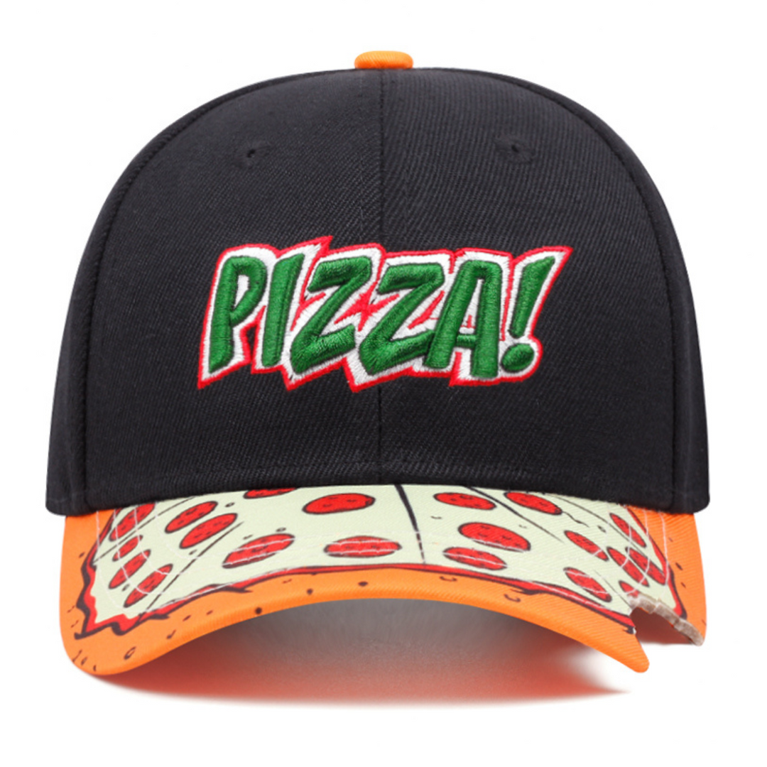 A black baseball cap with PIZZA! embroidered in green, white, and red on the front. This unique brim hat features a graphic of a pepperoni pizza slice, complete with an orange edge for a bold statement piece.