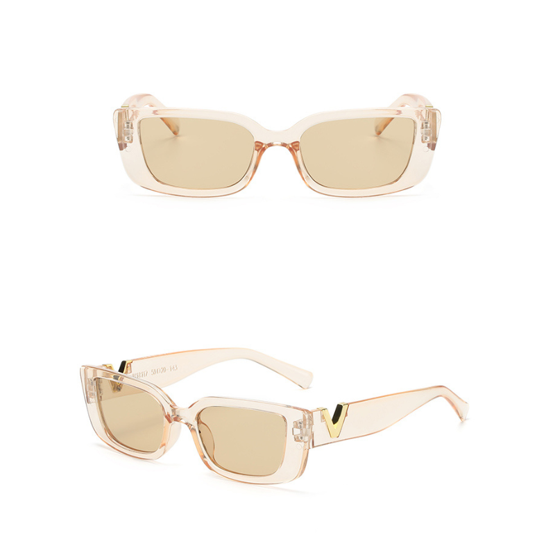Two views of rectangular designer sunglasses with light beige translucent geometric frames and light brown tinted lenses, shown from the front and at an angle on a white background.