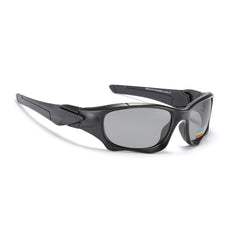 Black wraparound sports sunglasses with mirrored gray lenses and thick, angular arms, displayed on a white background. A small, colorful sticker is visible on one of the interchangeable lenses.