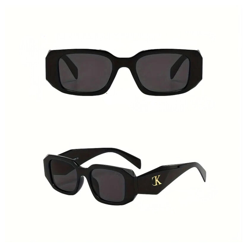 Two views of black oversized acetate sunglasses with thick frames; the side view shows a gold K logo on the temple. Features UV400 protection for your eyes and reinforced hinges for added durability.