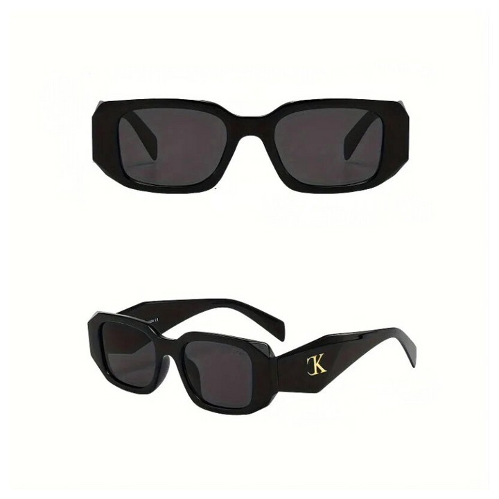 Two views of black oversized acetate sunglasses with thick frames; the side view shows a gold K logo on the temple. Features UV400 protection for your eyes and reinforced hinges for added durability.