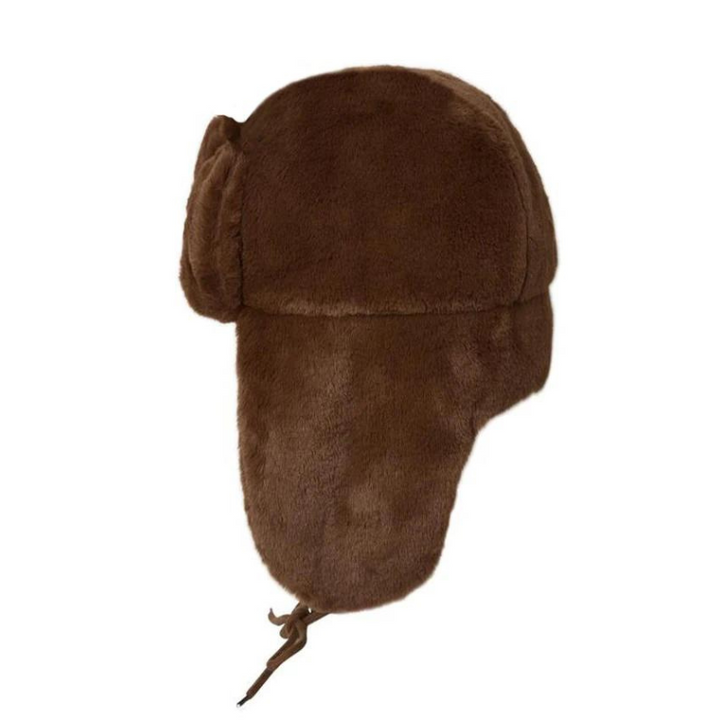 A brown fur hat with plush material and adjustable ear flaps, resembling a classic Russian ushanka style, displayed against a white background—perfect for winter styling.