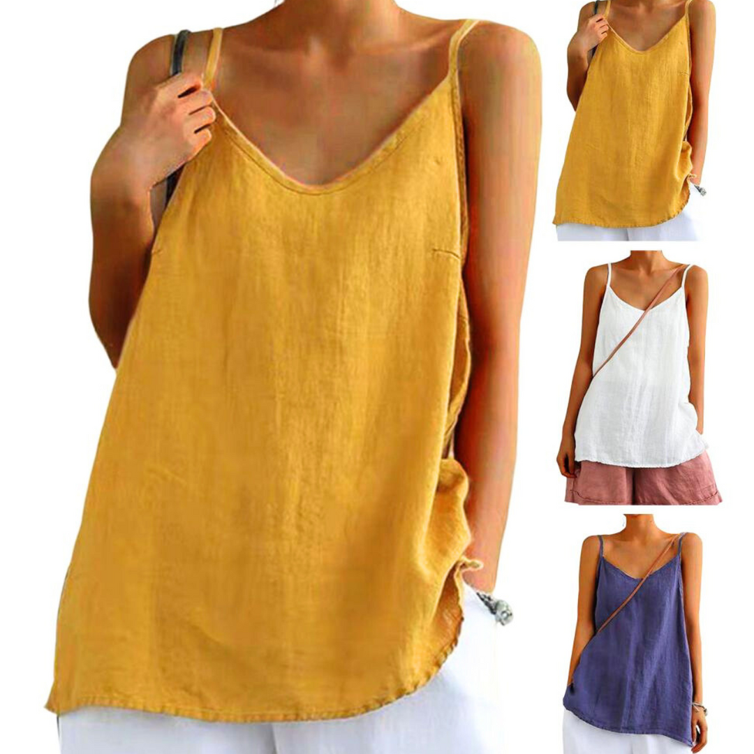 A person wears a loose, sleeveless V-neck top in yellow with an asymmetrical hem. Three smaller images show the same urban-chic camisole in white, blue, and yellow, paired with different bottoms for a casual and relaxed streetwear vibe.