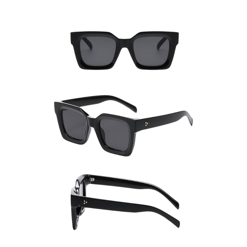 Three views of black square-framed sunglasses: front, angled side, and side profile, showcasing thick acetate frames, dark UV protection lenses, and two small gold dots on the temples.