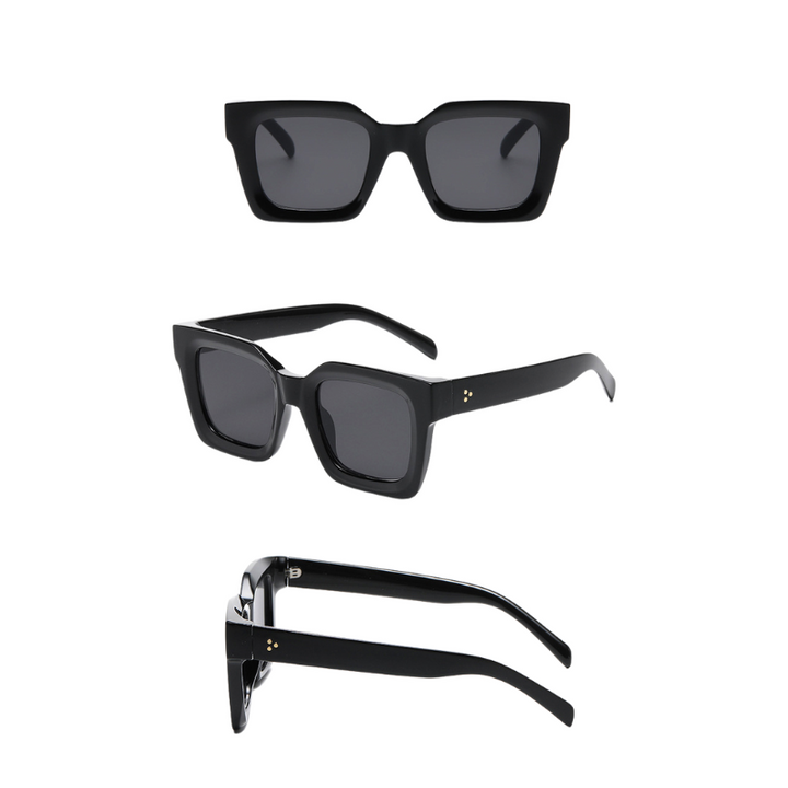 Three views of black square-framed sunglasses: front, angled side, and side profile, showcasing thick acetate frames, dark UV protection lenses, and two small gold dots on the temples.