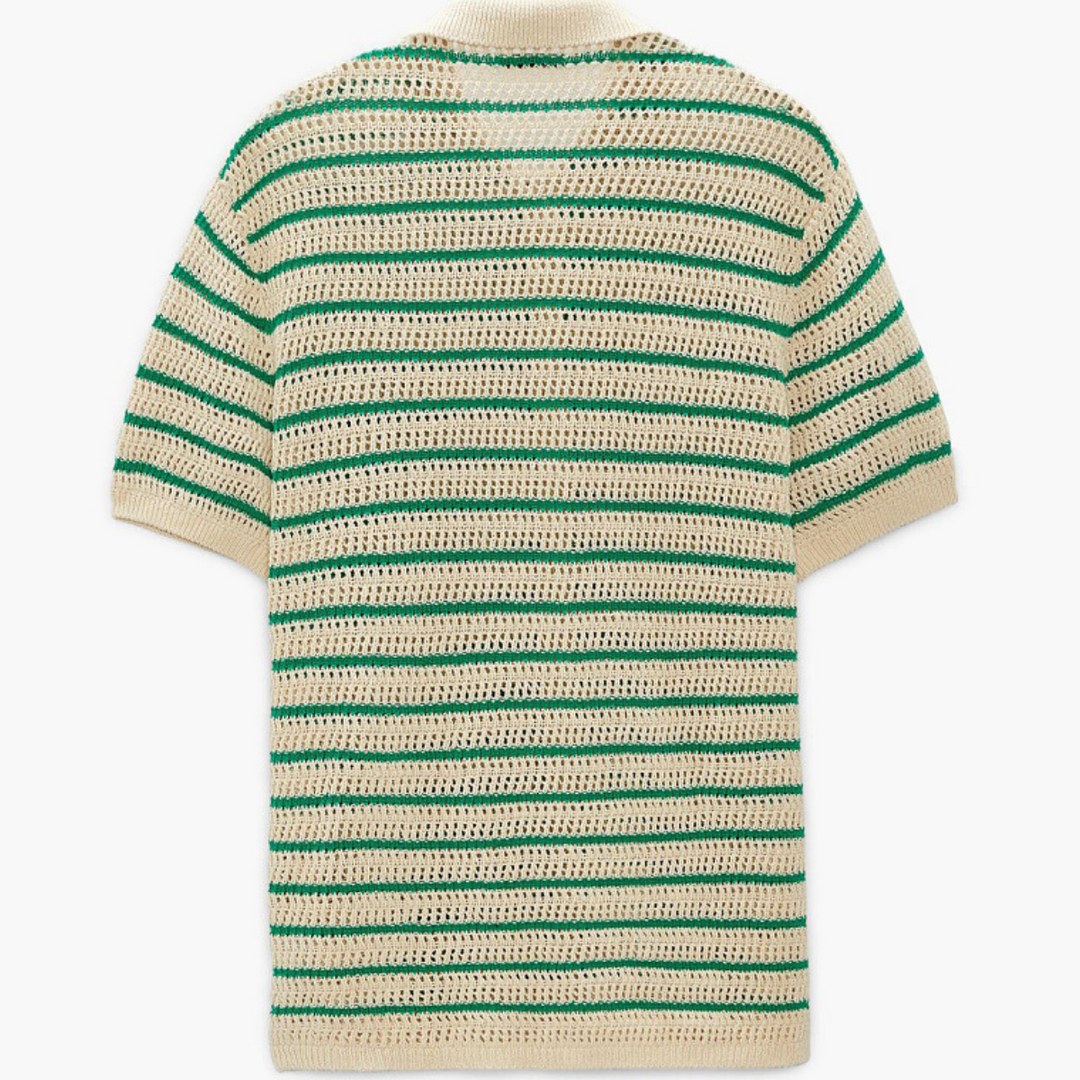 Back view of a short-sleeve, cream-colored crochet sweater with horizontal green and dark green stripes. This retro knit polo features a loose, airy open-knit design, perfect for effortless streetwear style.