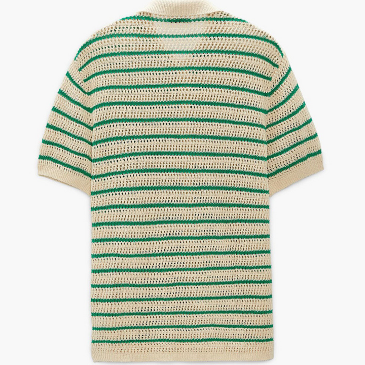 Back view of a short-sleeve, cream-colored crochet sweater with horizontal green and dark green stripes. This retro knit polo features a loose, airy open-knit design, perfect for effortless streetwear style.