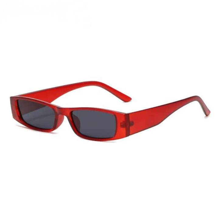 Retro rectangle sunglasses with thick, semi-transparent red frames and dark lenses offer UV400 protection, displayed on a plain white background.