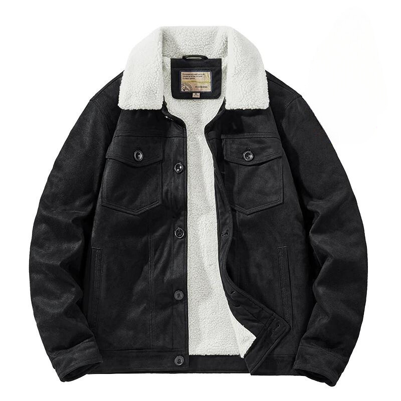 A black suede jacket with a white sherpa lining and a wide sherpa collar, featuring front button closures, two chest pockets with buttons, and a structured fit. The interior is fully lined with the same cozy white sherpa material.