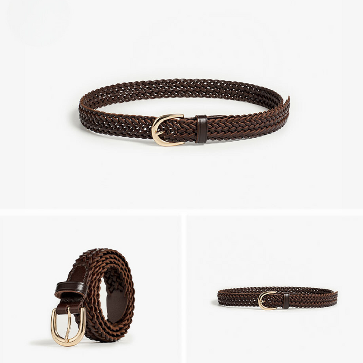 A dark brown woven belt with artisanal craftsmanship and a gold buckle is shown in three views: coiled, flat, and angled, against a plain white background.