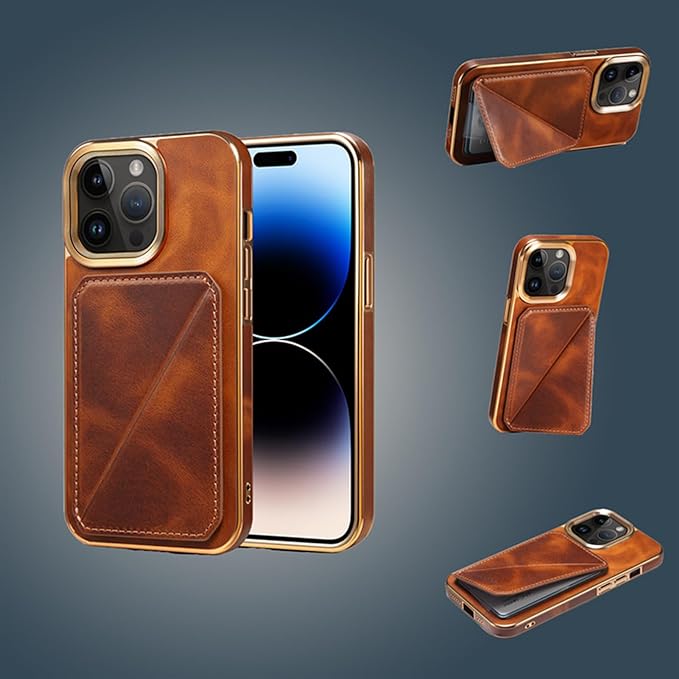 Brown leather iPhone cases with cardholder slots, crafted from premium cowhide, displayed from multiple angles on a gradient blue background. The cases fit modern smartphones with dual cameras and gold edges.