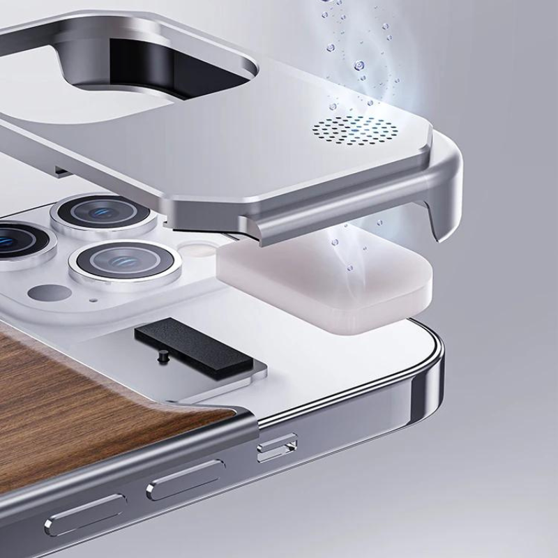 Exploded view of a smartphone showing separate layers, including a wood phone case back panel, internal components, camera lenses, and a metallic case with water droplets above it.