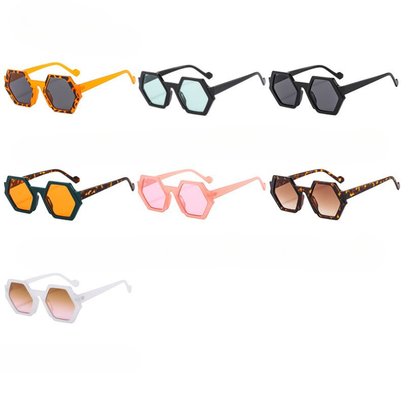 Seven pairs of Hexagonal Frame Sunglasses in various colors and patterns, including tortoiseshell, black, pink, white, and clear frames with differently tinted lenses and UV400 Protection, displayed on a white background.