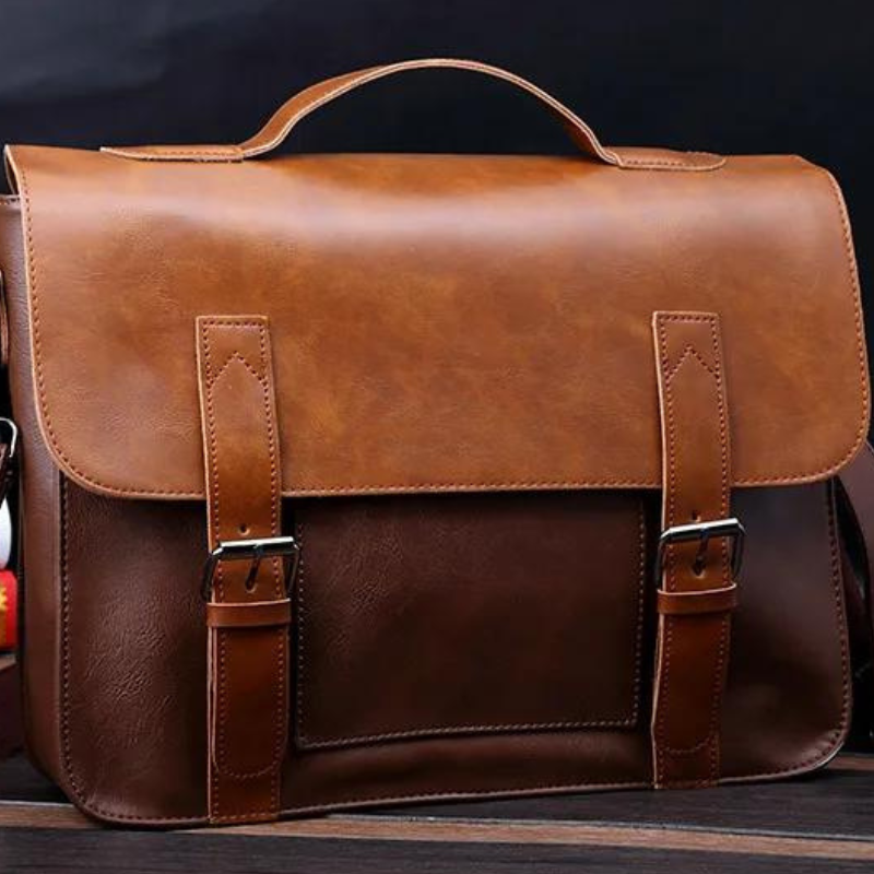 A brown leather satchel with a top handle, front flap, two buckle straps, and an adjustable shoulder strap rests on a wooden surface against a dark background.