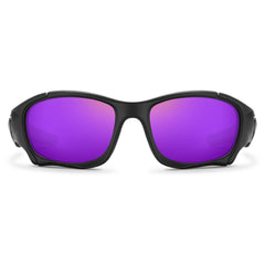 Black sports sunglasses with thick frames and mirrored purple lenses, displayed against a plain white background, facing directly forward—perfect polarized cycling glasses for bright outdoor rides.