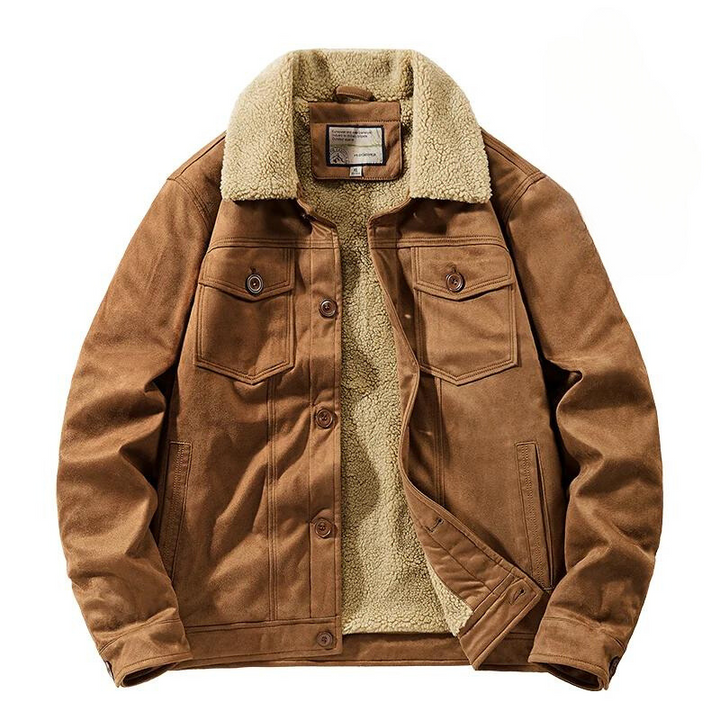 A brown suede jacket with a beige sherpa lining and collar, buttoned front, structured fit, chest pockets with flaps, and side pockets, laid flat on a white background.
