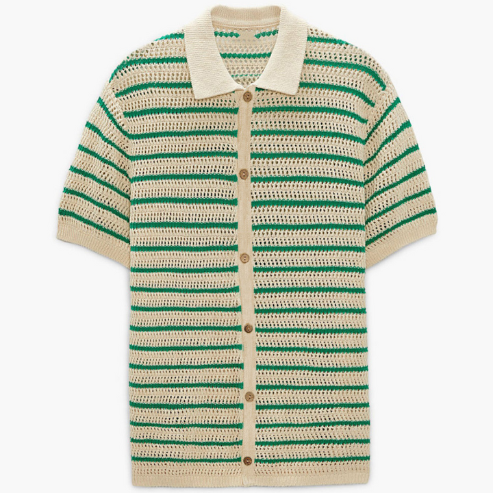 A short-sleeve, button-up crocheted shirt with a collar, featuring horizontal green and cream stripes in an open-knit design for the perfect retro knit polo streetwear look.