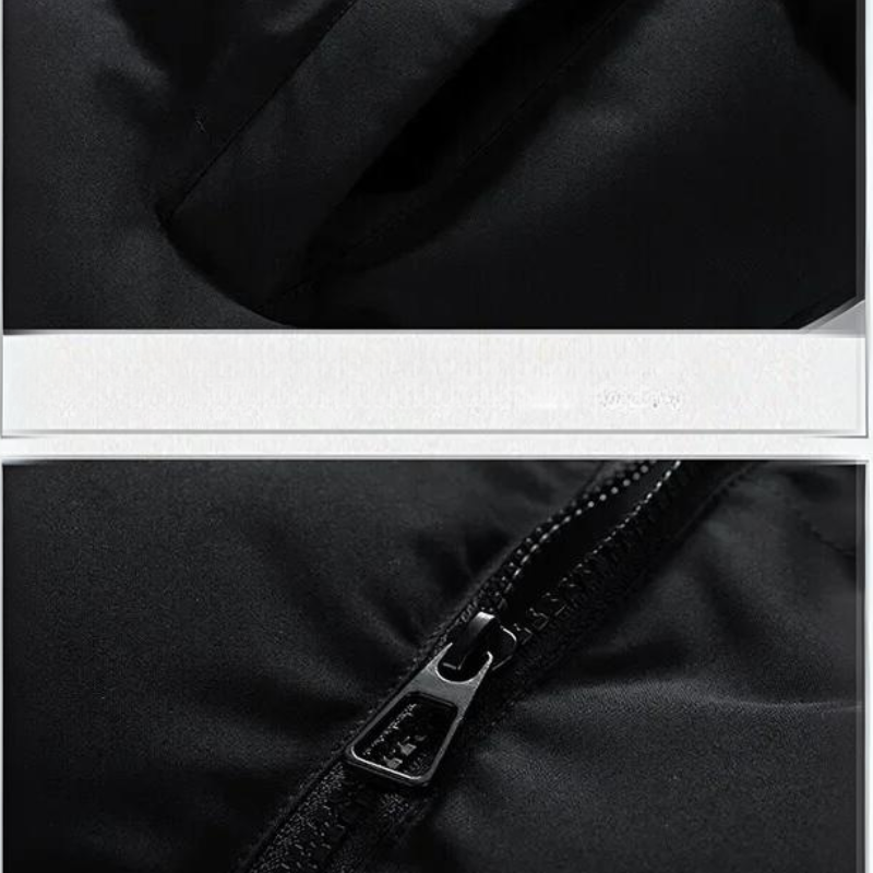 Close-up photos of a black fabric jacket, featuring a sleeve and a zippered pocket with a black zipper, highlight the fleece-lined interior for added warmth.