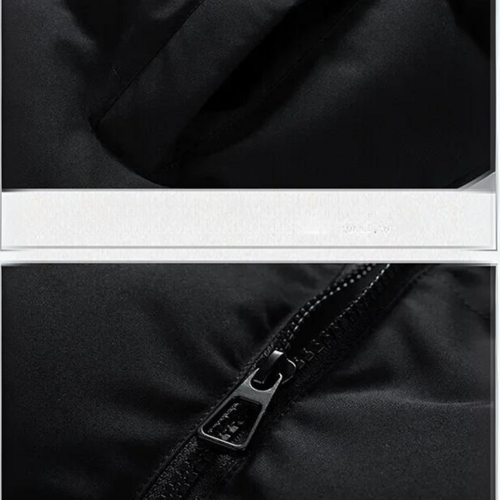 Close-up photos of a black fabric jacket, featuring a sleeve and a zippered pocket with a black zipper, highlight the fleece-lined interior for added warmth.