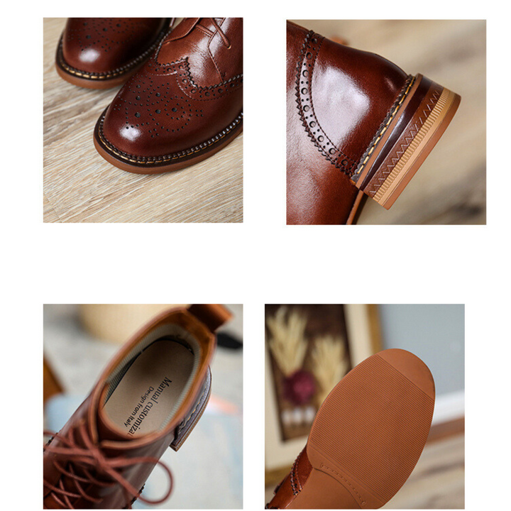 Four close-up photos showcase details of brown leather brogue boots, highlighting the perforated toe, heel, insole with branding, and textured rubber sole—perfect for the urban trendsetter seeking genuine leather style.