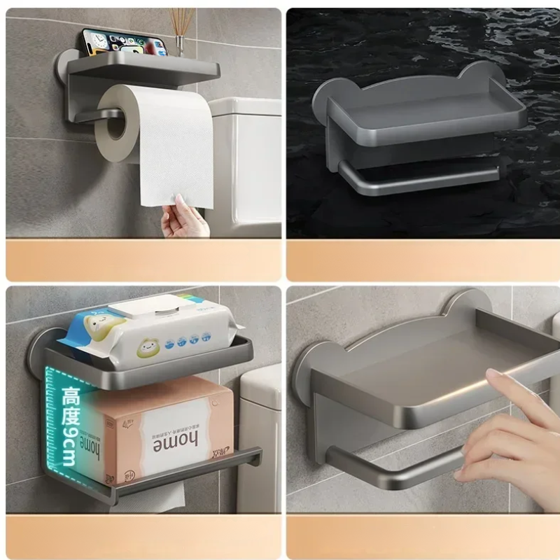 Four images display a gray, moisture-resistant, wall-mounted bathroom shelf holding tissues, toilet paper, and wipes. One image shows a hand pulling toilet paper, another features no drill installation over a dark surface, and another shows a hand touching the shelf.