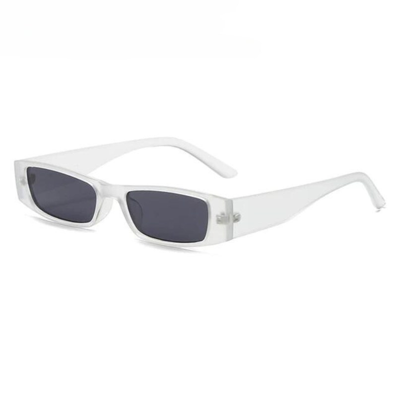 A pair of retro rectangle sunglasses featuring black UV400 protection lenses and thick, translucent white frames with wide arms, displayed on a plain white background.
