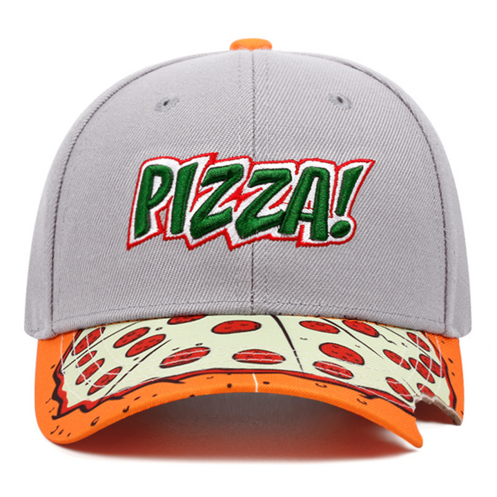 A gray baseball cap with PIZZA! embroidered in green and red on the front, this unique brim hat sports a flat orange bill featuring a cartoon pizza slice design with pepperoni and cheese.