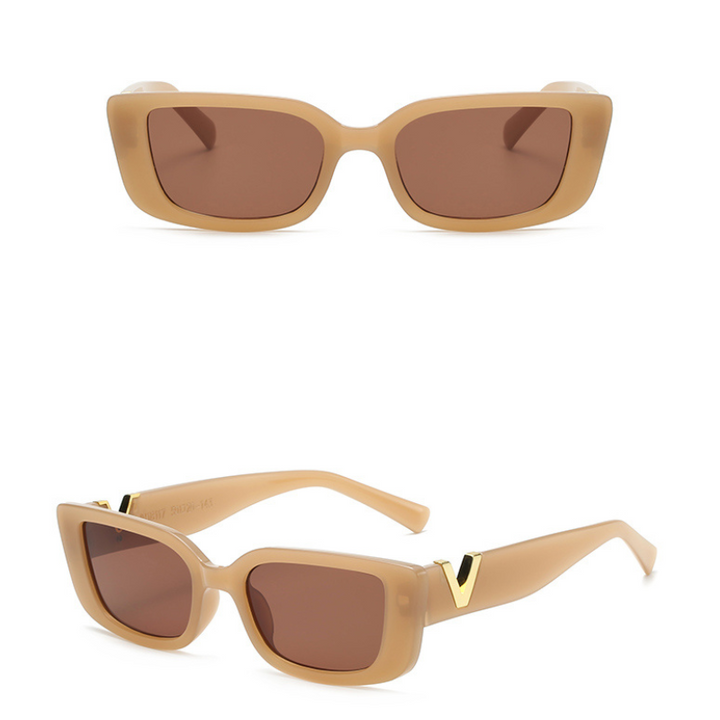 Two views of beige, geometric frame designer sunglasses with brown lenses; top view shows the front, while the bottom view displays the side with a gold temple detail. Features UV400 protection for stylish, safe wear.