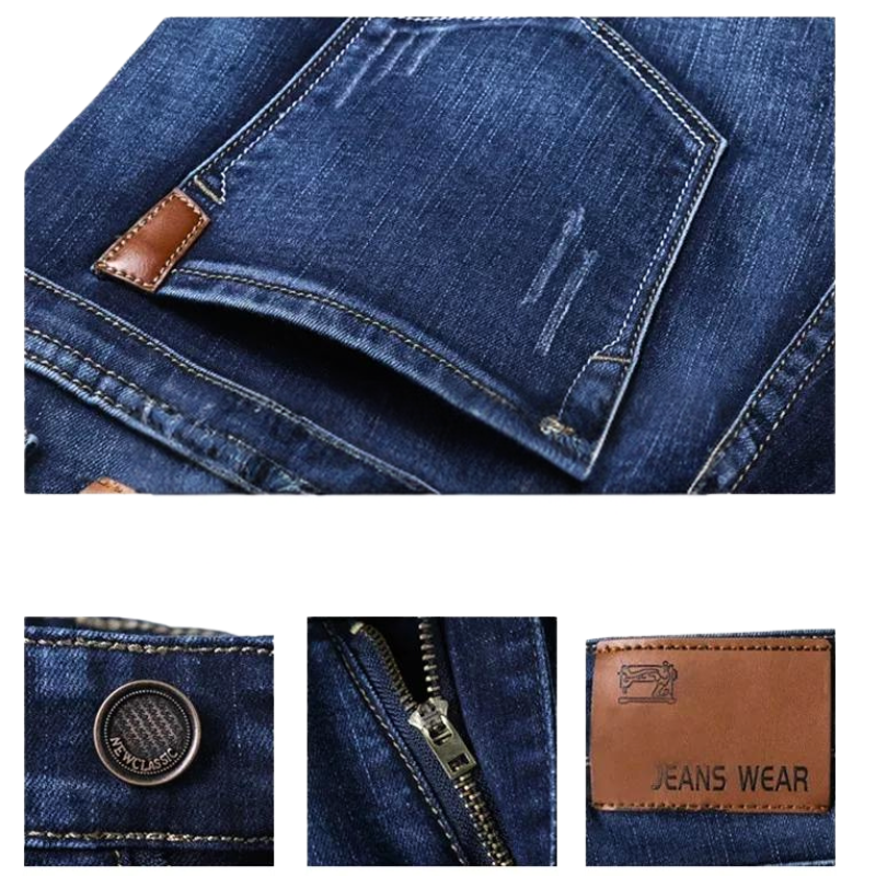 Close-up collage of blue denim jeans made from durable fabric, showing a pocket with a brown leather patch, metal button, zipper, and a leather label reading JEANS WEAR with visible stitching details.