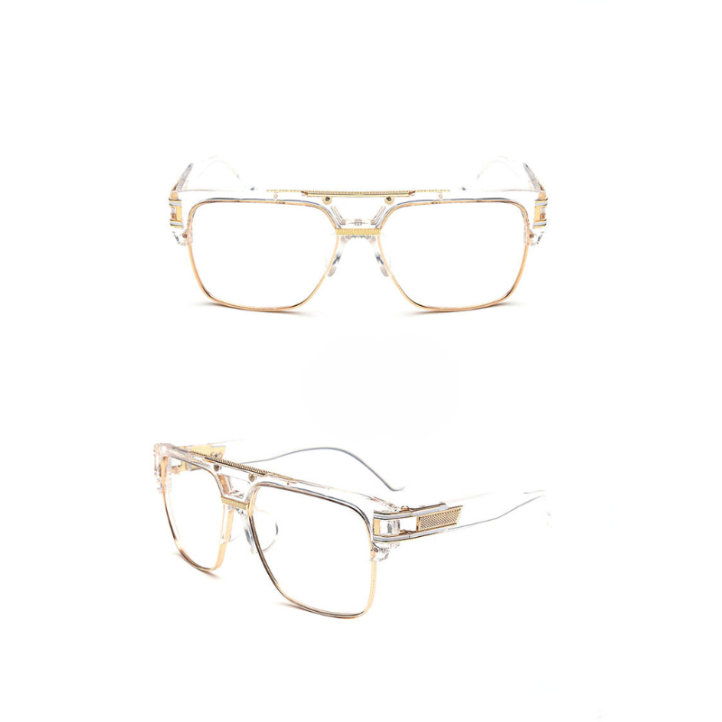 A pair of clear and gold-rimmed eyeglasses is shown from the front and angled side, highlighting its transparent frame, gold accents, and scratch-resistant lenses against a white background.