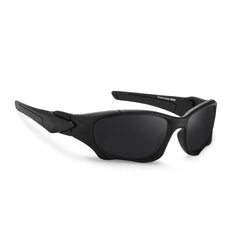 A pair of black, wraparound polarized cycling glasses with thick, angular frames and dark tinted lenses, positioned on a white background.