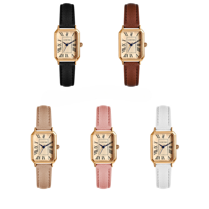 Five rectangular face watches with Roman numeral dials, each featuring a genuine leather strap in black, brown, beige, pink, or white—arranged in two rows against a white background.