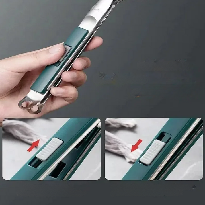 A hand holds a grilling tool: metal spatula tongs with a green handle and white sliding lock. Two close-ups below show how to slide the lock open and closed, indicated by red arrows—perfect for BBQ season.