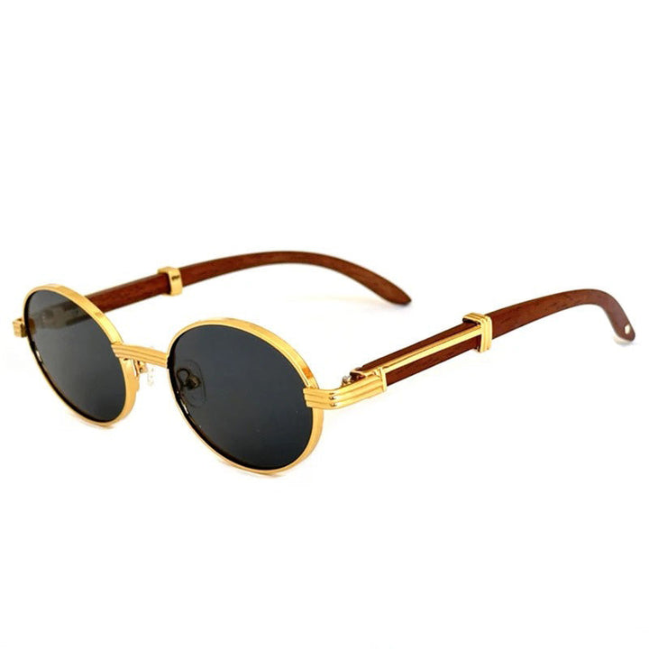 Vintage round sunglasses with UV400 protection feature dark lenses, gold metal frames, and brown wooden temple arms, displayed elegantly against a white background.