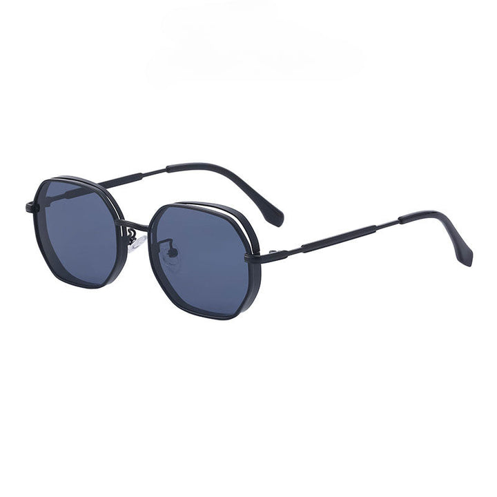 Vintage-inspired sunglasses featuring hexagonal dark blue lenses and thin black metal frames, offering stylish UV400 protection, shown on a white background.