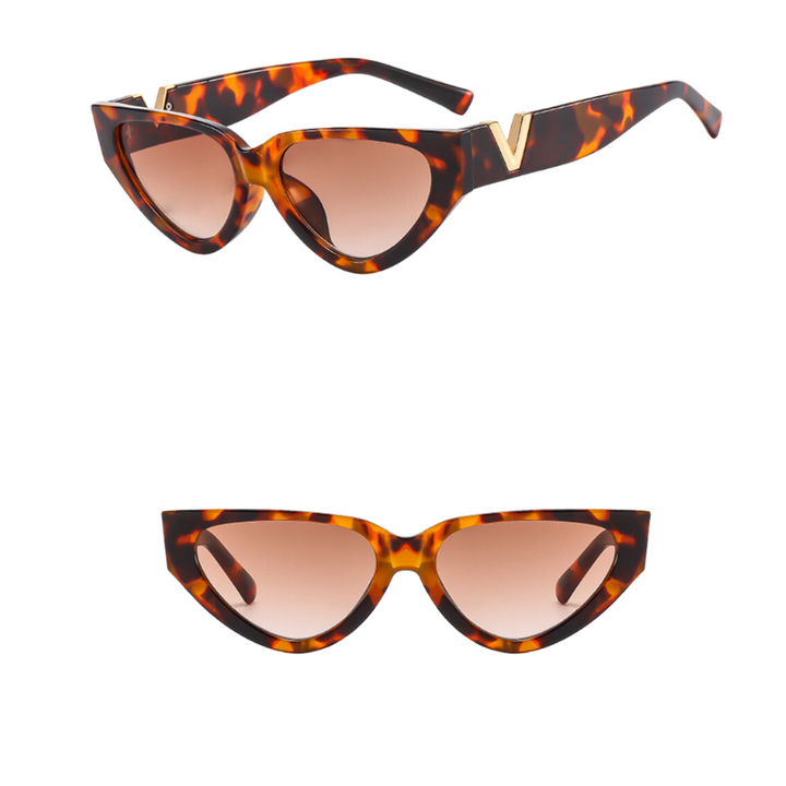 Two views of vintage cat eye sunglasses with a bold frame in tortoiseshell, brown gradient lenses offering UV400 protection, and gold V accents on the temples—shown from an angled side view (top) and a straight front view (bottom).